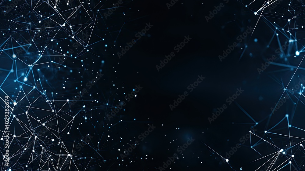 Poster this abstract dark blue background features a complex low-poly network of lines and dots, illustrati