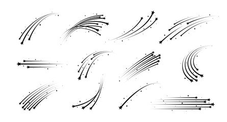 Shooting space stars with trails, starburst. Vectors set of monochrome meteors or asteroids. Cosmic falling comets with traces. Mystique streaks of light, magic and energy silhouettes in the night sky © Buch&Bee
