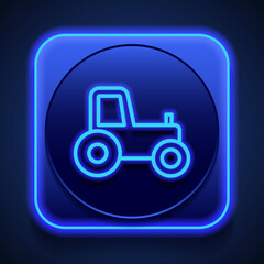 Tractor simple icon. Flat design. Blue neon style on button. With shadow