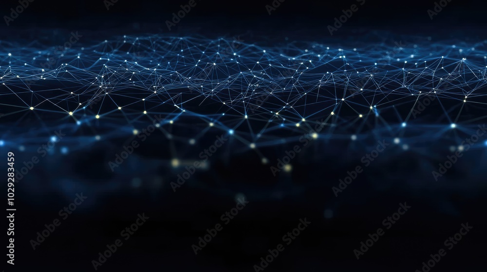 Poster this abstract dark blue background features a complex low-poly network of lines and dots, illustrati