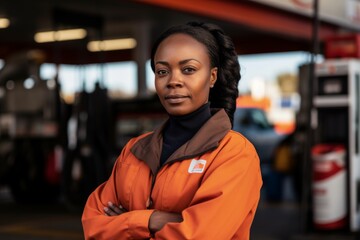 Portrait of a middle aged African American female worker at gas station
