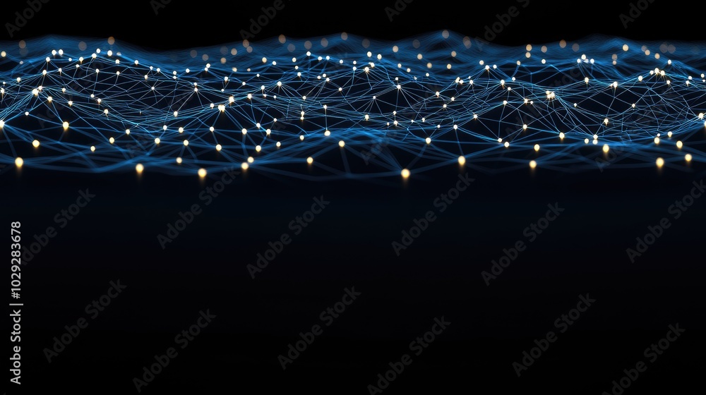 Poster this abstract dark blue background features a complex low-poly network of lines and dots, illustrati