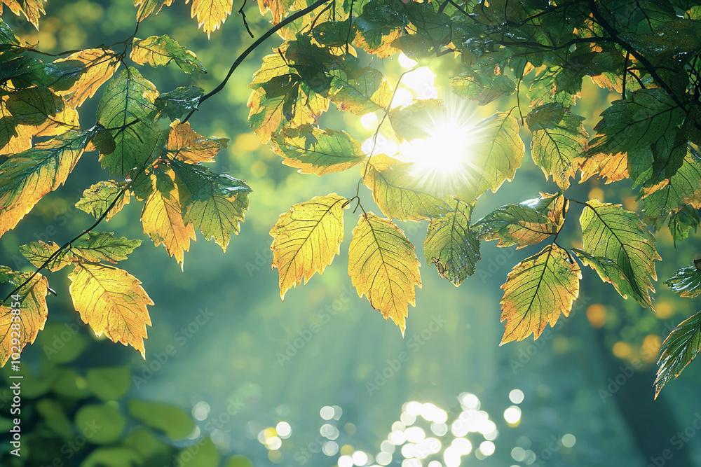 Poster sunlight filters through green leaves in a tranquil forest setting