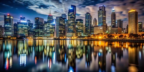 Naklejka premium Urban photography inspiration showcasing a nighttime cityscape silhouette, featuring striking reflections of buildings against the dark, shimmering
