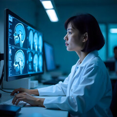 A young female doctor examining brain scans on a computer monitor in a dimly lit medical office. Asian Female Neuroscientist Looking at TV Screen, Analyzing Brain Scan MRI Images