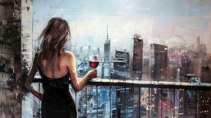Stylish woman in black dress stands on balcony, holding glass of red wine, overlooking cityscape at dusk. Ideal for urban lifestyle, relaxation, and evening themes. Illustration, watercolor
