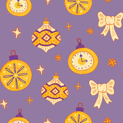 Christmas New Year seamless pattern illustration with Christmas tree decorations. Golden bubbles balls	
