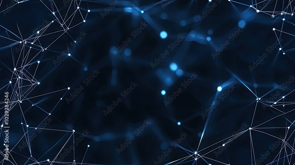 Poster this abstract dark blue background features a complex low-poly network of lines and dots, illustrati