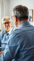 Obraz premium shoulder shot of psychologist counseling middle aged couple with mental illness issues at home - concept of mental illness, conversation and treatment isolated with white highlights, png