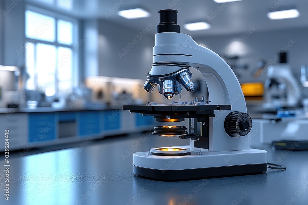 Poster microscope on a laboratory table with blurred background