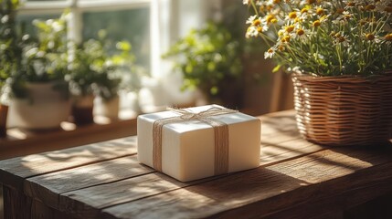 ecofriendly packaging featuring textured white paper wrap neatly folded around a sleek product box set on a wooden table with soft natural light filtering through