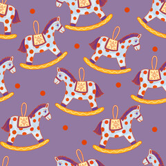 Christmas New Year seamless pattern illustration with Christmas tree decorations. Blue spotted rocking horses	