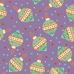 Lilac Christmas New Year pattern with Christmas tree decorations. Blue balls, bubbles	