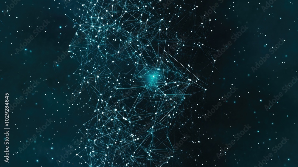 Poster this abstract dark blue background features a complex low-poly network of lines and dots, illustrati