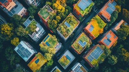 Fototapeta premium Aerial view of a city with green roofs and solar panels.
