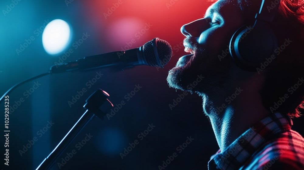 Wall mural male singer in headphones sings in studio.