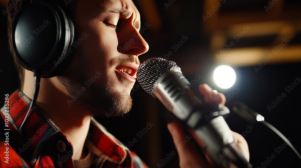 Wall mural singer wearing headphones sings into a microphone.