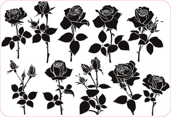 rose flower set silhouette vector illustration, Rose flowers Collection, Silhouettes of roses, Flower silhouette. Vector illustration