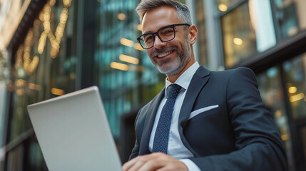 Fototapeta premium Smiling businessman working on laptop near building