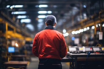 Rear view of a quality assurance technician working in factory