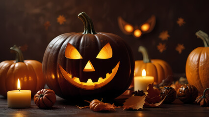 Naklejka premium delicious chocolate pumpkin surrounded by classic Halloween decorations, such as carved jack-o'-lanterns, spooky spider webs, candles, bats, and autumn leaves