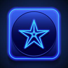 Star simple icon. Flat design. Blue neon style on button. With shadow