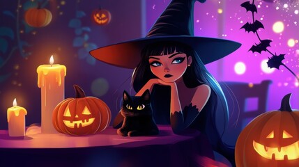 Cartoon character of witch in home room. Halloween decoration elements.