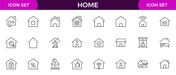 Home and house line icon collection. Real estate, building, key, smart home, family, home loan, rent house and management icon set.