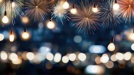 Fototapeta premium A festive atmosphere fills the night sky over New York City as colorful fireworks burst above the skyline, illuminating the city lights below with vibrancy and excitement
