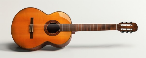 Classic acoustic guitar, white background, 4K hyperrealistic photo