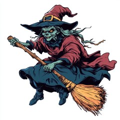 Fototapeta premium Cartoon character of witch with a broom. Halloween decoration elements.