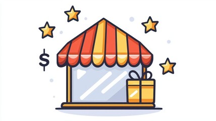 Obraz premium Retail shop with a striped awning, gift box, and stars, on white background.