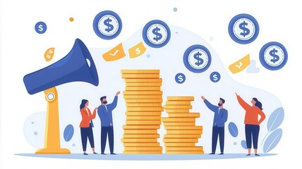 People celebrating financial success with coins and a megaphone.