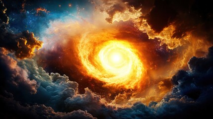 A swirling galaxy with a bright yellow sun in the center