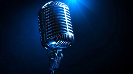 Vintage Microphone with Blue Light Spotlight  Retro Recording Studio  Music Equipment
