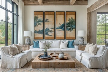 Fototapeta premium Bright living room with modern furniture, white sofa, and wood accents in airy space
