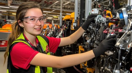 Female Technician Working on Machinery in a Factory