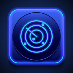 Sonar, radar simple icon. Flat design. Blue neon style on button. With shadow