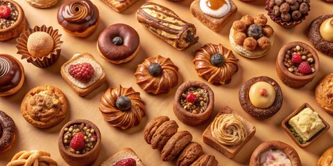 Variety of tempting pastries and desserts on display.