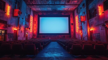 Naklejka premium empty cinema hall illuminated in shades of blue with a prominent blank screen at the front evoking a sense of spaciousness and anticipation highlighting the essence of cinematic experience