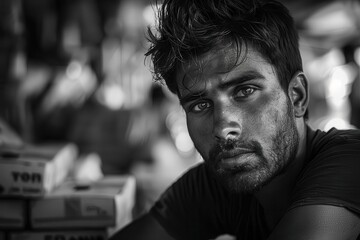 A young man with a thoughtful expression, captured in an indoor setting. The image highlights the intensity and depth in his eyes, evoking a sense of contemplation and quiet strength.