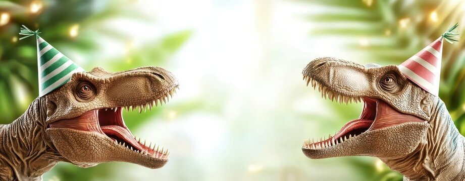 Two dinosaurs celebrating with party hats, vibrant background, fun atmosphere.