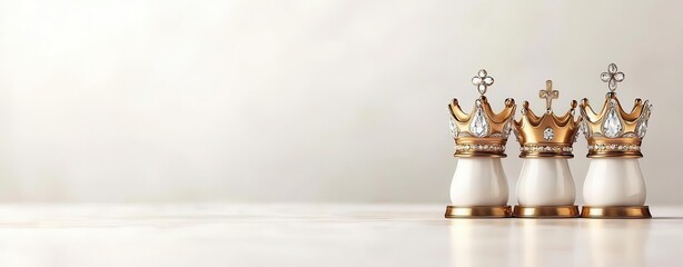 Three regal salt shakers with gold crowns on a neutral background.
