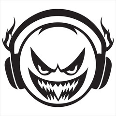 simple monothone black vector logo of a happy face with a sinister evil smile and fiery evil eyes and headphones, on a white background