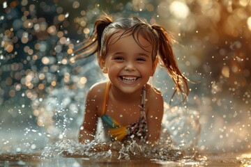 Obraz premium Child with a joyful smile, splashing in a puddle after the rain