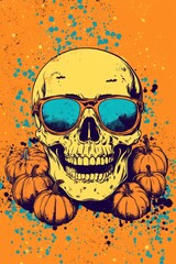 Comic pop art illustration of skull pumpkin bat for halloween