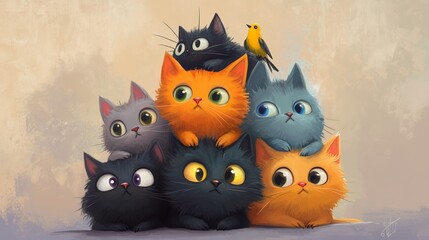 Cute group of colorful kittens and a bird stacked together in a whimsical display against a soft background