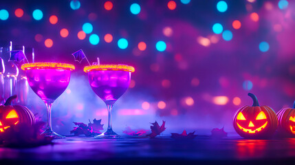 Festive Halloween cocktails with glowing garnish, surrounded by colorful lights and jack-o'-lanterns, creating a spooky party atmosphere.