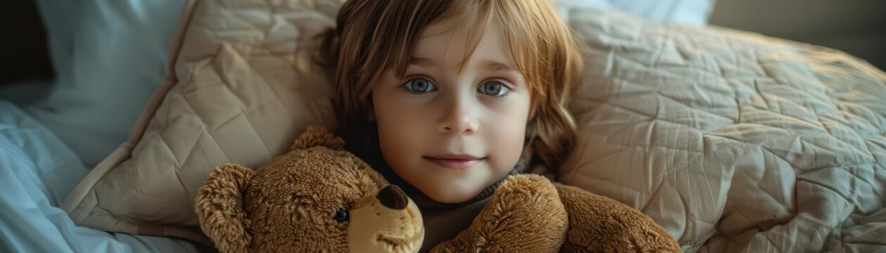 Child with a teddy bear, hugging it tightly in bed