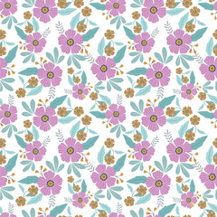 Seamless floral pattern, cute ditsy print with small pink flowers, leaves on purple background. Pretty botanical design for fabric, paper and other surfaces. Vector illustration.